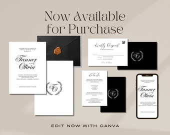 Wedding Invites Timeless Black & White - Classic Elegant Design - Editable Digital Download - DIY Printable PDF-Wedding Stationery Suite