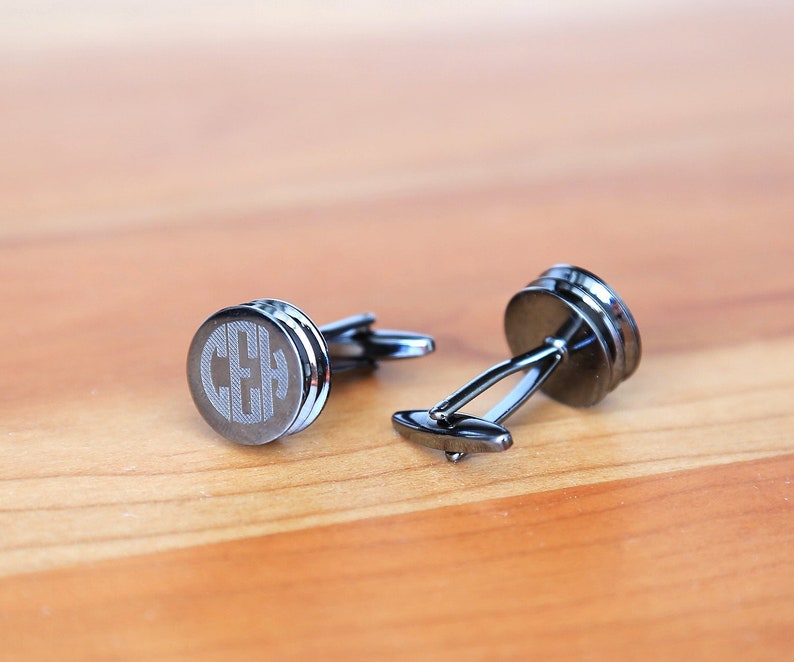 Mens Gift Cufflinks Monogrammed Cuff Links Gifts for Men for Boyfriend Round Gunmetal Personalized Cufflinks