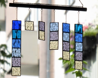 Moderne Glasmalerei Mobile Suncatcher Blau Glasmalerei Fensterschmuck Handgemachte Dekoration Glasmalerei