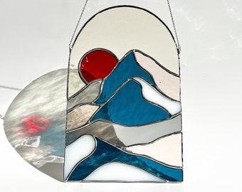 Stained Glass Mountain Sun Catcher: Mid-Century Modern Cobalt Landscape