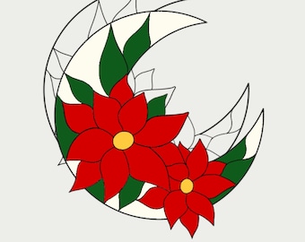 Peut inclure: Un motif numérique pour un vitrail représentant un croissant de lune avec deux fleurs de poinsettia rouges. Le texte "HOBBY LICENSE" est en haut de l'image. Le texte "License: personal use only. This pattern is not to be resold, replicated or distributed." est sous le titre. Le texte "Pattern by GLASLINIE" est en bas de l'image.