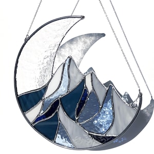 Berg Buntglasplatte, Blaues Buntglasfenster Suncatcher Berge, Fensterbehang Bergglas Wandkunst
