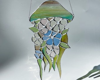 Sea stained glass suncatcher Flower stained glass window Jellyfish sun catcher Sea glass handmade item Ocean decor