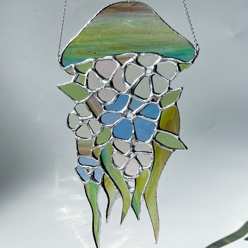Jellyfish stained glass window hangings Flower shops stained glass Jellyfish suncatcher Sea glass decor