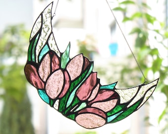 Stained glass Tulips Flower Stained glass Panel Hanging Suncatcher Flower Wall Art Wedding gift Tulips Stained glass Art