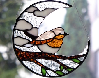 Vitral de pássaros para pendurar na janela: modelo lua, presente para amantes de pássaros.