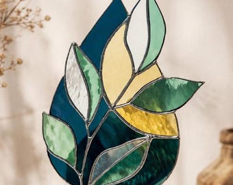 Arte en vidrieras estilo boho atrapasoles decoración botánica arte de pared en vidrio regalo hecho a mano panel floral de vidrieras