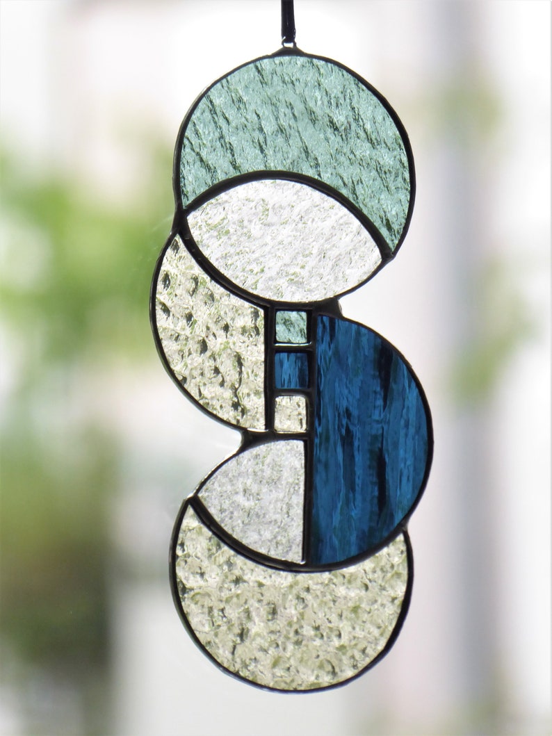 Mid Century Modern Stained Glass Window Hangings Panel Blue Etsy
