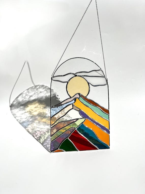 Stained Glass Art Mountain Wall Art Stained glass Panel Mountain Suncatcher Rainbow wall art Hanging suncatcher