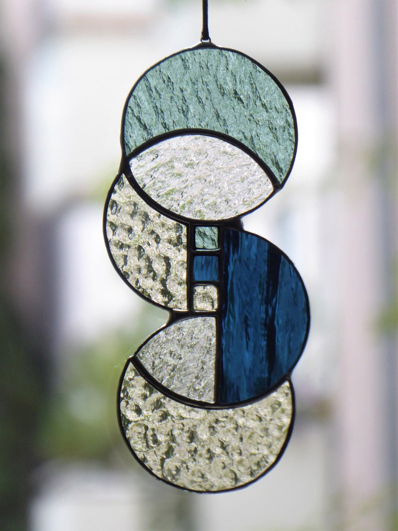 Mid Century Modern Stained Glass Window Hangings Panel Blue Etsy
