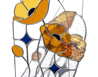 California Poppy Stained Glass Suncatcher: Handmade Flower Wall Art