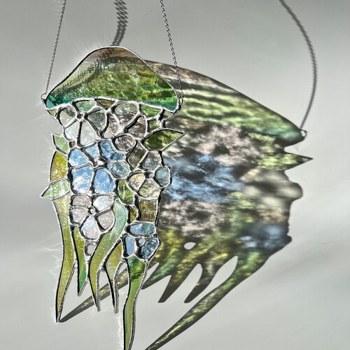 Jellyfish stained glass window hangings Flower shops stained glass Jellyfish suncatcher Sea glass decor