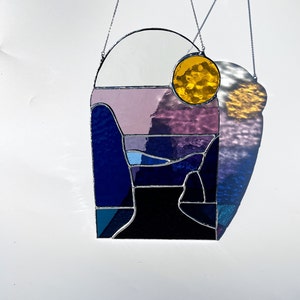 Stained glass sun catcher Sea glass art Stained glass sunset Ocean theme Glass suncatcher 70s wall art Cobalt blue glass Boho wall decor image 10