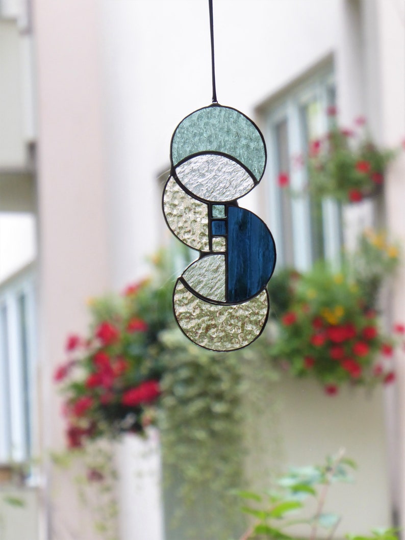 Mid Century Modern Stained Glass Window Hangings Panel Blue Etsy