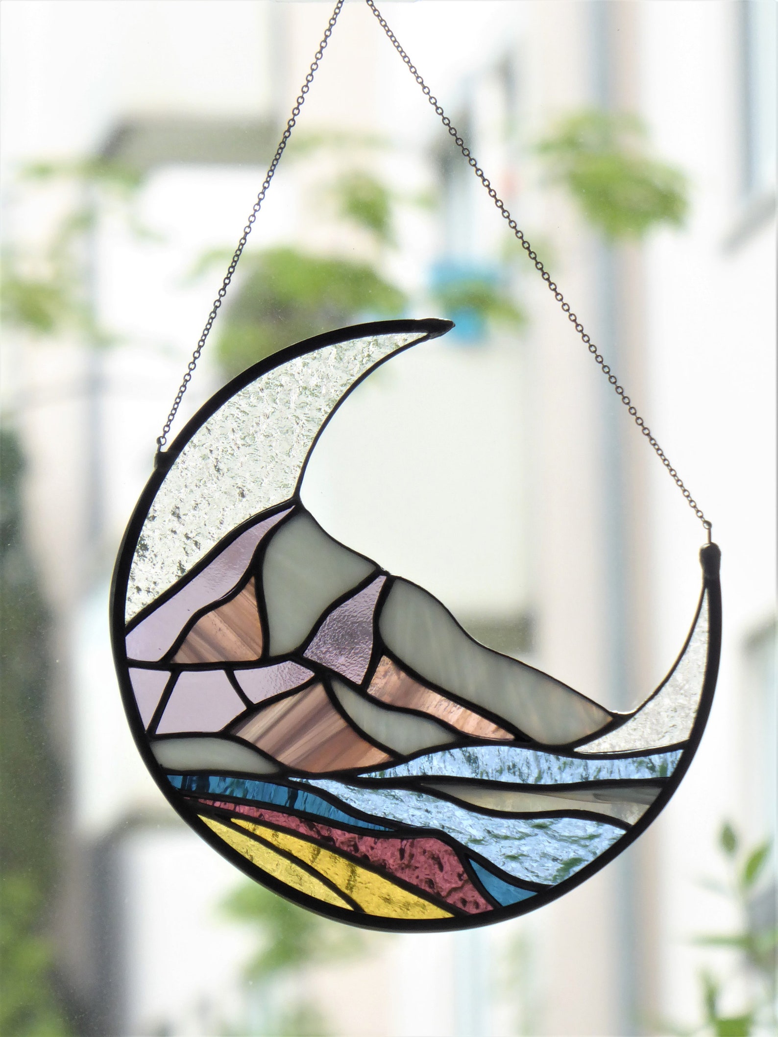 Moon Stained Glass Art Suncatcher Moon Abstract Mountains Etsy Canada