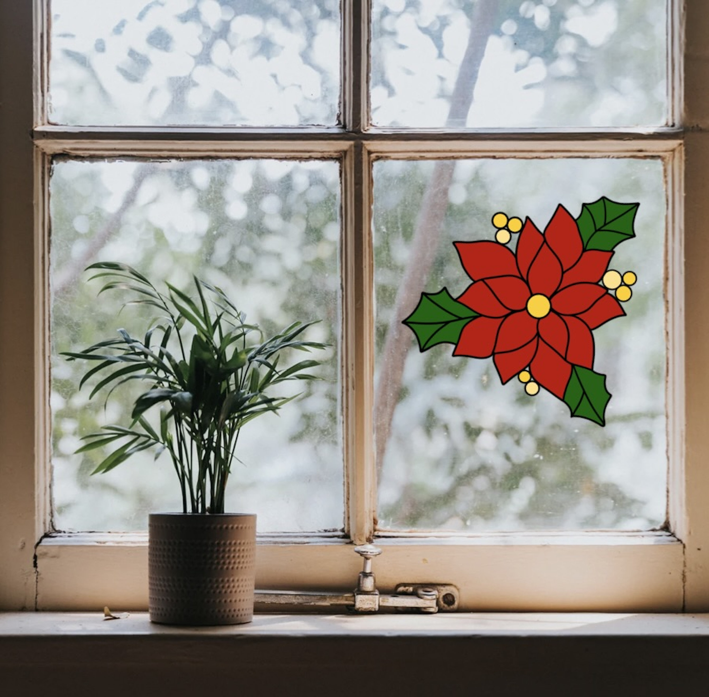 ポインセチアのステンドグラスパターン：クリスマスフラワーSVG