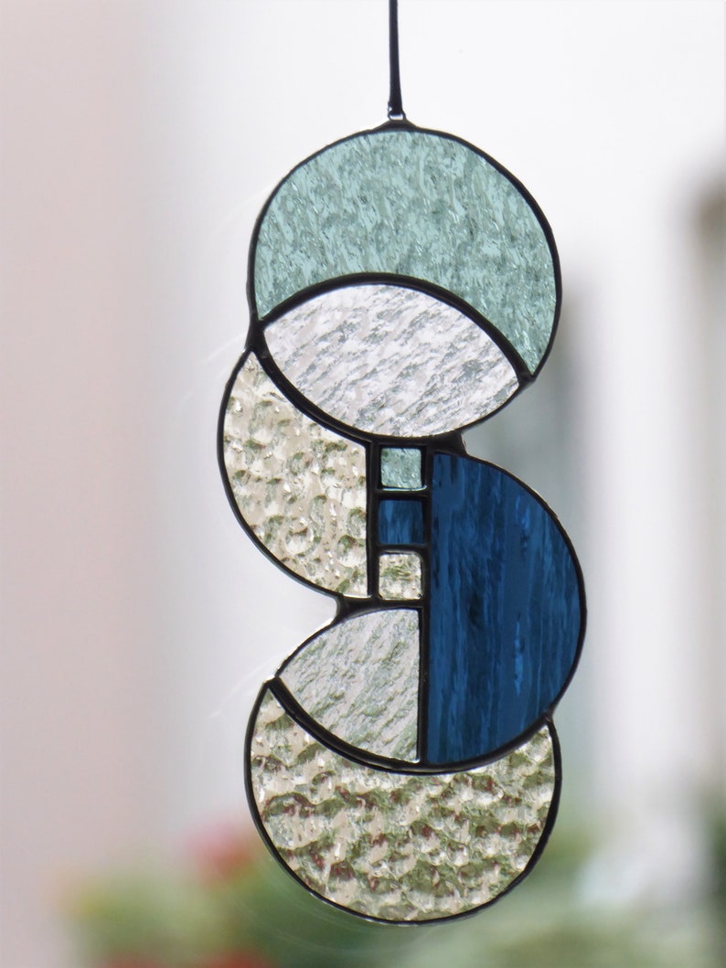 Mid Century Modern Stained Glass Window Hangings Panel Blue Etsy