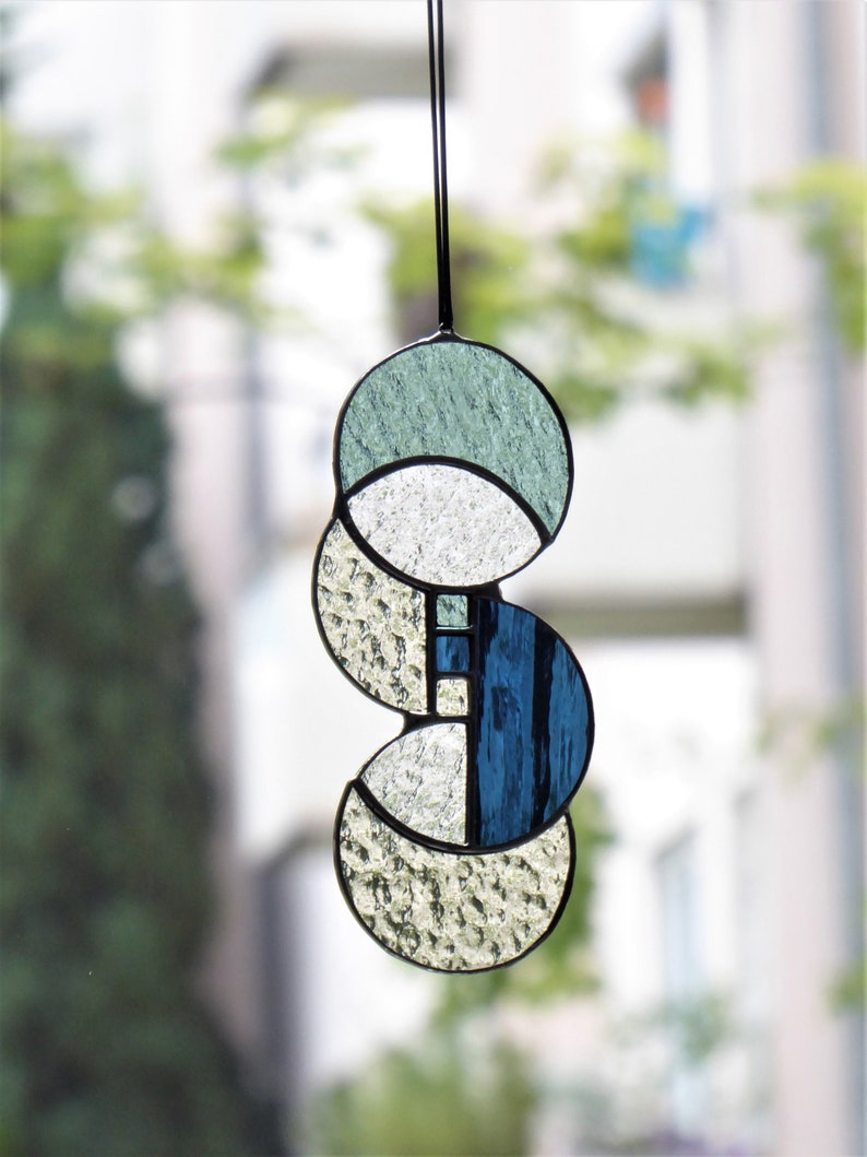 Mid Century Modern Stained Glass Window Hangings Panel Blue Etsy