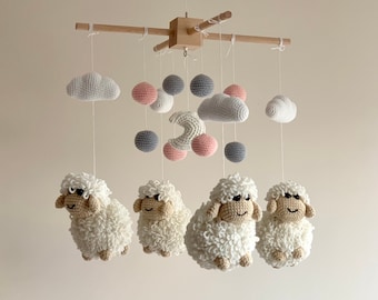 Fluffy sheep baby mobile, crochet lamp baby nursery, knit lamp baby crib, handmade sheep baby mobile, farm baby nursery, farm baby mobile