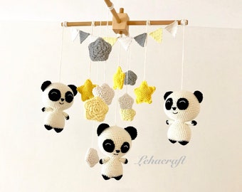 Lovely Pandas mobile with Stars obove, Crochet pandas with lucky stars Baby Crib Mobile, Nursery crib mobile, baby mobile handmade