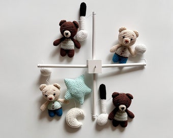 Mobile pour bébé avec club de golf, ours en peluche pour berceau, ours au crochet, mobile pour chambre d'enfant, ours en peluche avec étoile et balles de golf.