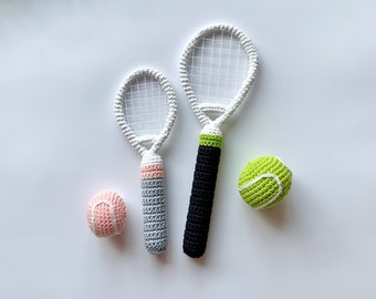 Set of baby toy with crochet tennis ball and racket, tennis ball toy, sport racket baby toy