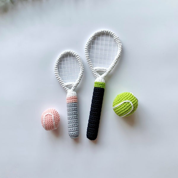 Set of baby toy with crochet tennis ball and racket, tennis ball toy, sport racket baby toy