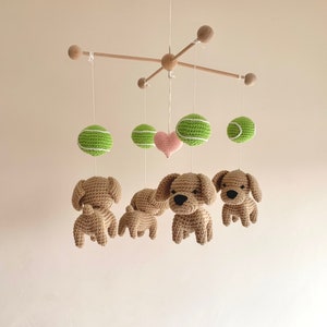 Crochet puppy baby mobile , Crochet dogs play with tennis balls baby nursery, dogs baby mobile, cute gift for baby and dog lovers