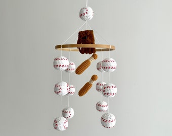 Baseball baby mobile, baseball bat baby nursery, crochet baseball, stuffed baseball mobile, handmade sport nursery, baby shower gift