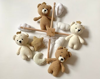 Crown Teddy bears baby mobile, Baby Crib Mobile, Crochet bears, teddy bears mobile nursery, Teddy bear with crown star and moon baby mobile