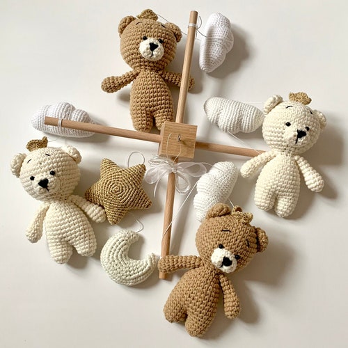 Crown Teddy bears baby mobile, Baby Crib Mobile, Crochet bears, teddy bears mobile nursery, Teddy bear with crown star and moon baby mobile
