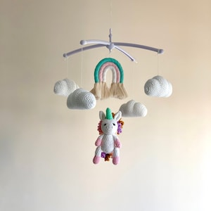 Handmade unicorn with rainbow baby mobile, rainbow baby nursery, crochet unicorn, handmade rainbow, unicorn baby mobile