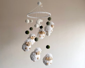 Handmade Fluffy sheeps baby mobile, crochet sheep baby nursery, handmade sheep, shower gift