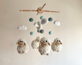 Fluffy sheep baby mobile, crochet lamp baby nursery, knit lamp baby crib, handmade sheep baby mobile, farm baby nursery, farm baby mobile