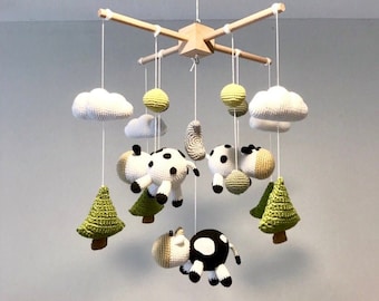 Cows in farm babymobile, crochet cow, cow baby nursery, tree and cloud babymobile, handmade cow babymobile