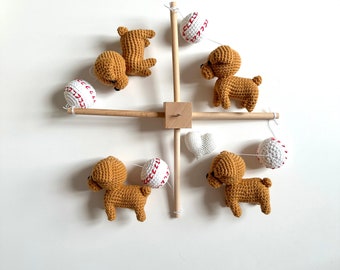 Crochet puppy baby mobile , Crochet dogs with baseballs baby nursery, dogs baby mobile, baby shower gift, dog lovers