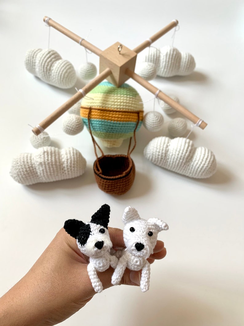 Rainbow hot air balloon with custom dog, crochet hot air balloon, crochet dog, personalized dog mobile nursery image 2