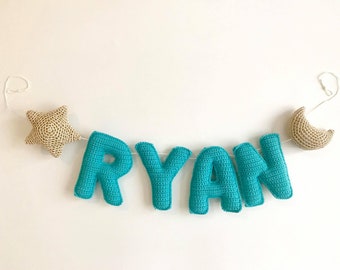 Crochet baby name banner bright star moon nursery, crochet babyname, custom baby name, personalized name banner, baby shower gift