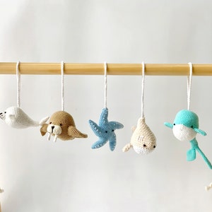 Crochet sea animals baby gym toys, baby gym toy set of sea animals, Play Gym, crochet toy, baby gym toys