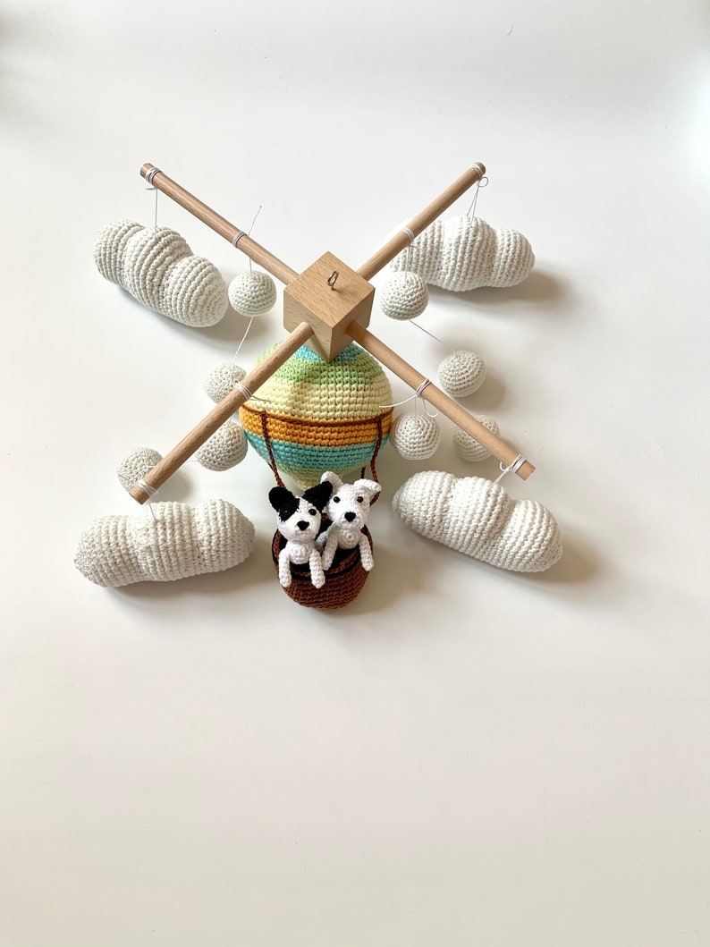 Rainbow hot air balloon with custom dog, crochet hot air balloon, crochet dog, personalized dog mobile nursery image 1