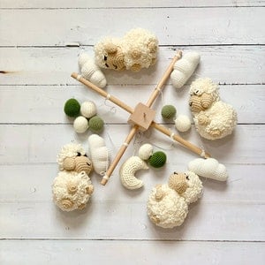 Fluffy sheep baby mobile, crochet sheep baby nursery, dark green olive colors theme baby mobile, andmade sheep baby mobile,farm baby nursery