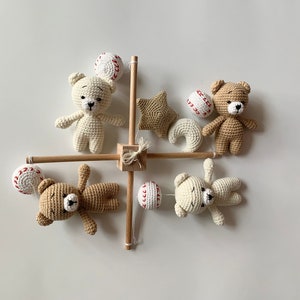 Crochet teddy bears with baseball baby mobile, little cute gift for baby shower . 100% pure handmade.