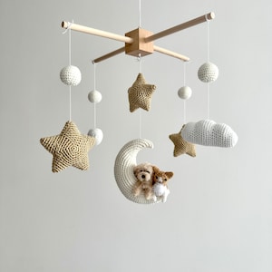 Aangepaste minihond kat op maan babymobiel, handgemaakte honden babykamer, aangepaste katten babymobiel, babyshowercadeau