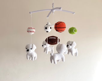 Handmade puppy baby mobile with sport balls, crochet dog baby nursery, crochet soccer, baseball, football baby mbile