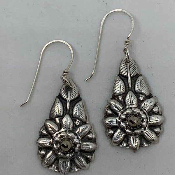 Sterling Silver and Genuine Golden Pyrite Earrings, Hand Forged - one of a kind!