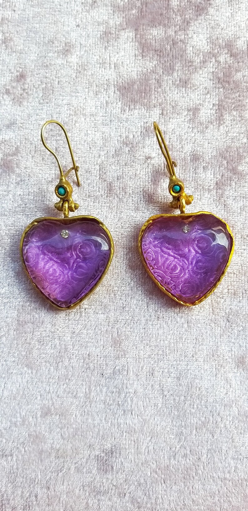 Amethyst hand engraved golden earrings ottoman design