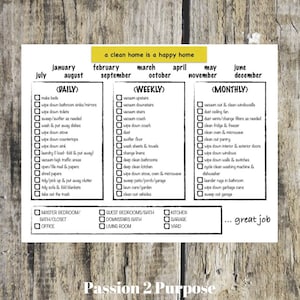 Home Cleaning Checklist, Cleaning Chart, Daily Chore Chart, Chore Chart