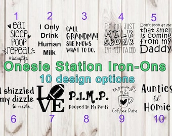 Onesie® Station Iron-Ons, Gender Boy 10 iron ons options, Onesie decals, Baby Shower decals, Iron-On, Custom Colors