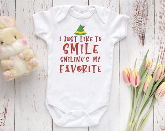 Elf Baby Bodysuit, Funny Christmas bodysuit, Smiling is my Favorite, Christmas Baby Bodysuit,  baby Boy baby girl Christmas