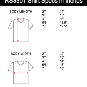 May include: White graphic showing shirt specifications in inches. The text "RS3301 Shirt Specs in Inches" is at the top. Body length measurements range from 14" to 19.5". Body width measurements range from 12" to 16".